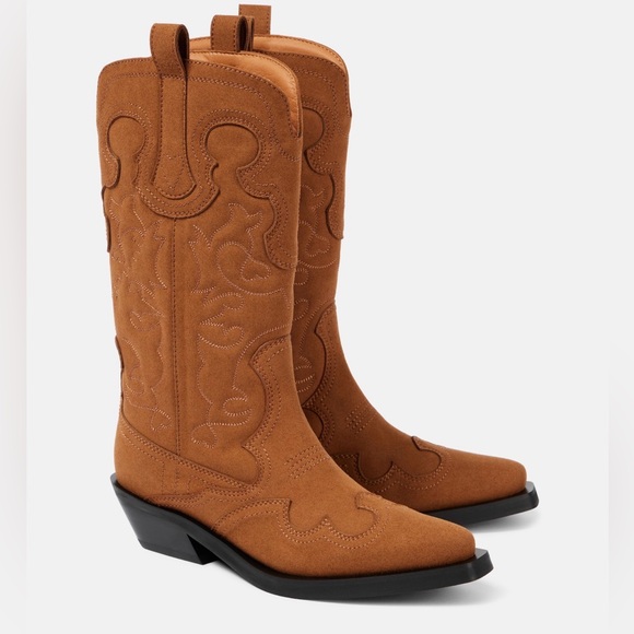 Ganni Shoes - GANNI Mid Shaft Embroidered Western Boots Tobacco Brown EU 40